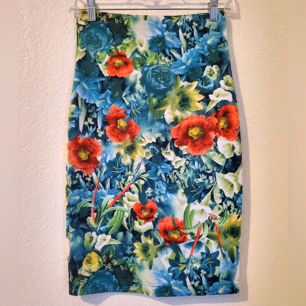 Vibrant Forest Floral Slit Pencil Skirt by A3 Design in AS